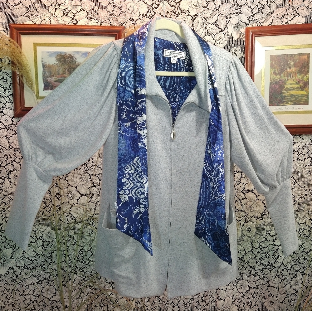 George Simonton grey lightweight zipper jacket with coordinating blue scarf